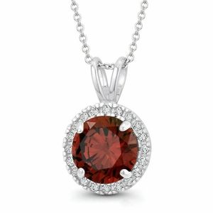 14k Gold Created Red Garnet Diamond Halo Pendant